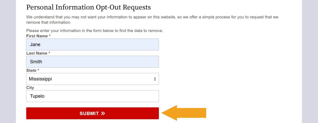 Person search page to opt out of MississippiCourtRecords.us 
