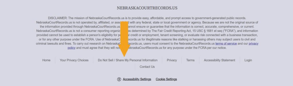 NebraskaCourtRecords.us website footer with the "Do Not Sell / Share My Personal Information" link pointed at