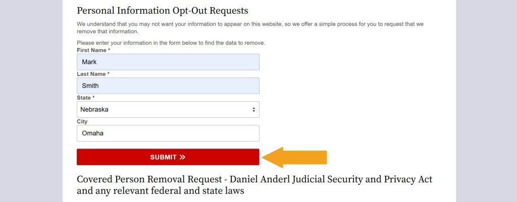 Person search page to opt out of NebraskaCourtRecords.us 