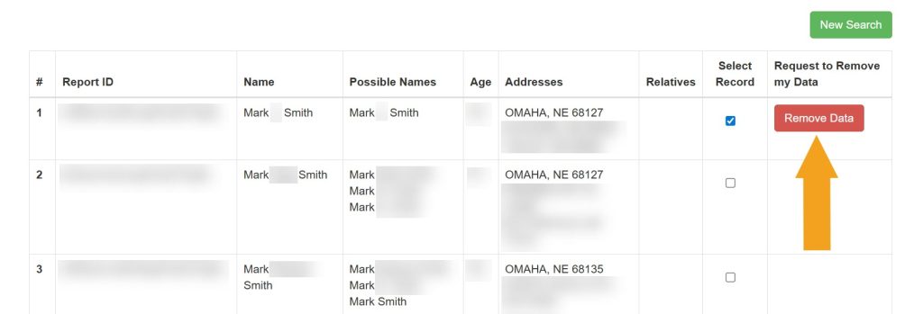 Clicking the "Remove Data" button to opt out of NebraskaCourtRecords.us
