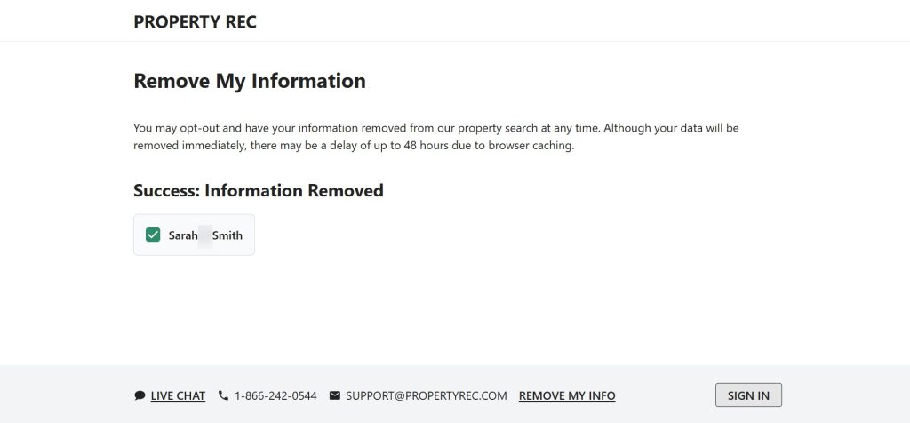 PropertyRec.com removal confirmation screen
