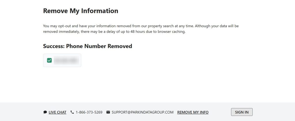 Removal confirmation on ParkinDataGroup.com