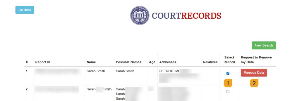 A selected record to remove from MichiganCourtRecords.us