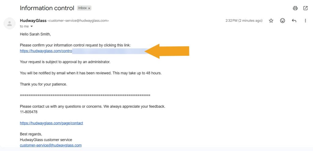 Opt-out confirmation email from HudwayGlass.com with a verification link