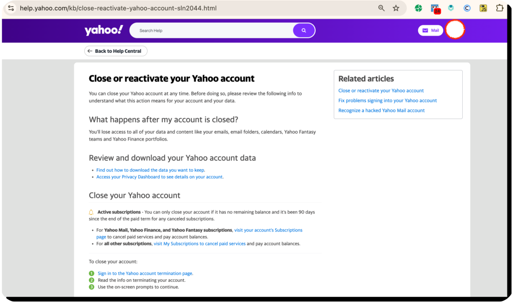 how do i delete a yahoo account_yahoo account termination page screenshot