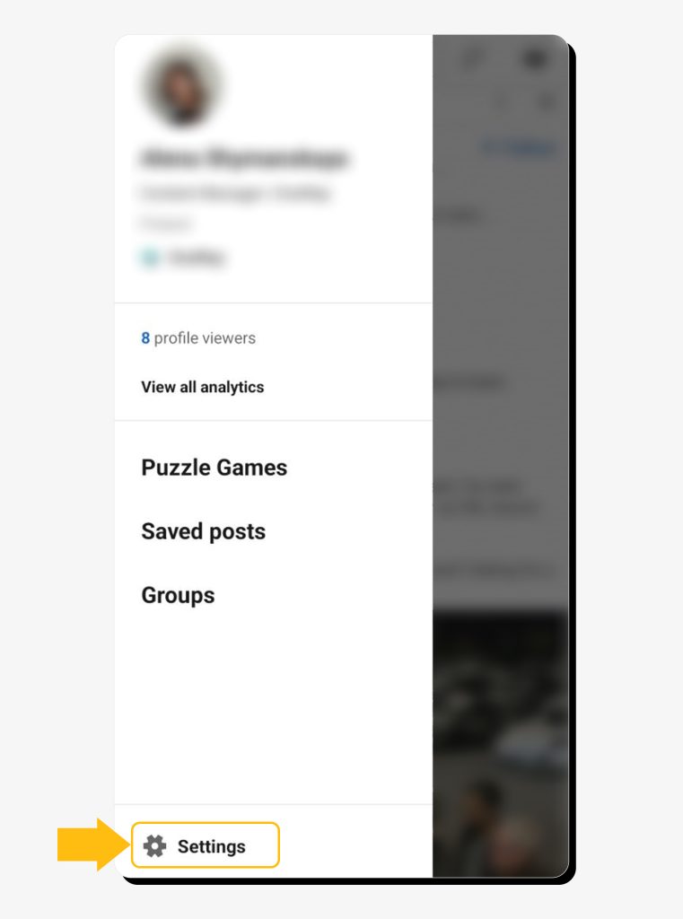 Tapping “Settings” to delete LinkedIn profile on mobile