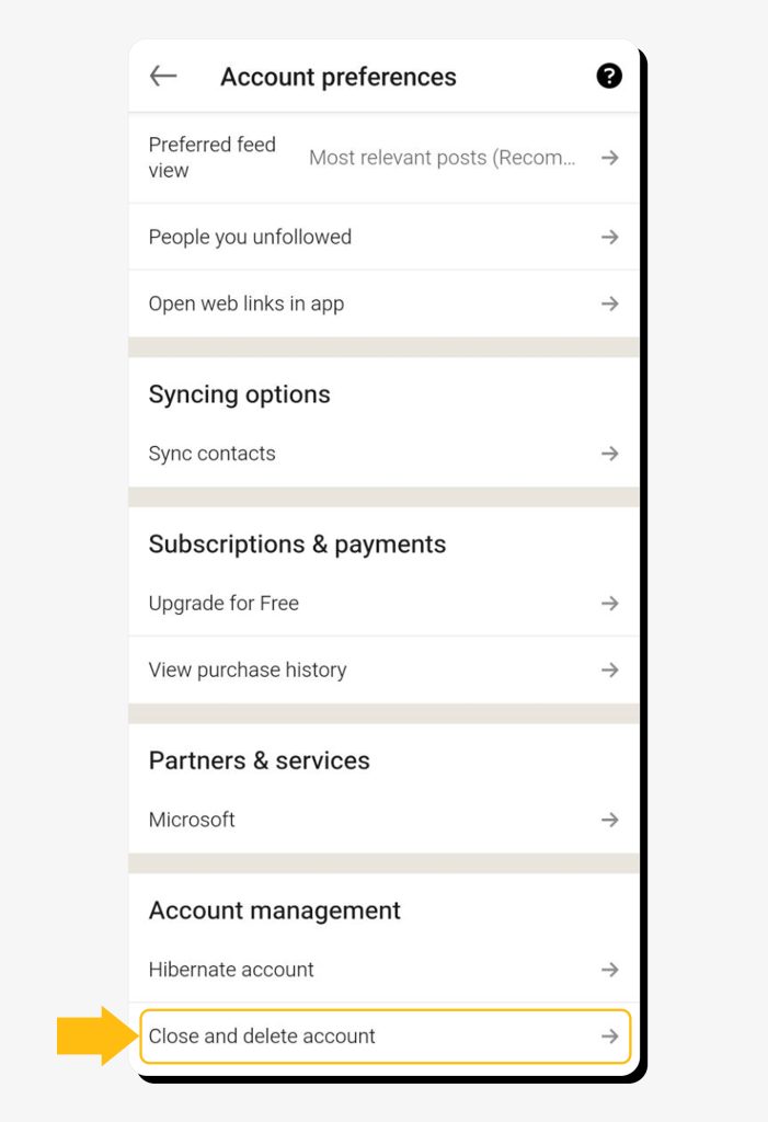 Tapping “Close and delete account” to delete LinkedIn profile on mobile