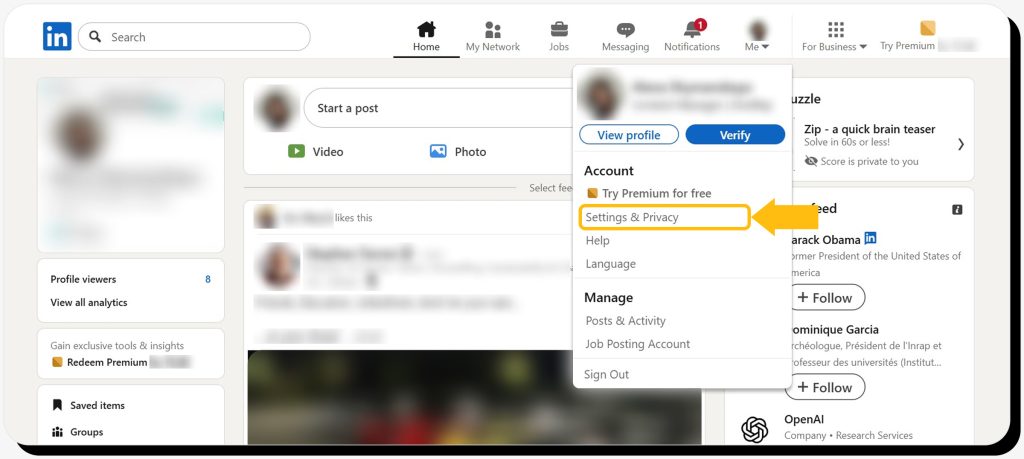 Clicking “Settings & Privacy” to delete LinkedIn profile on desktop