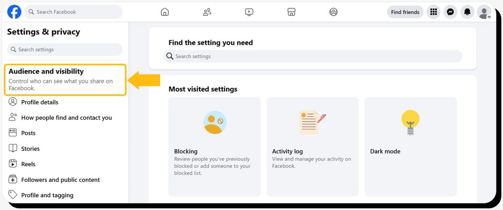 Audience and Visibility settings on Facebook on a desktop