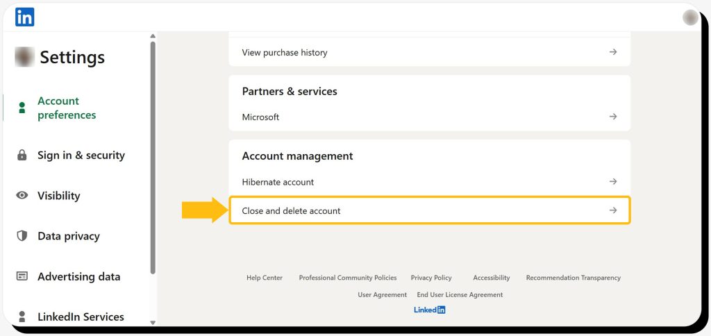 Clicking “Close and delete account” to delete LinkedIn profile on desktop