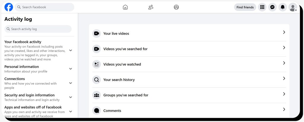 Activity Log on Facebook