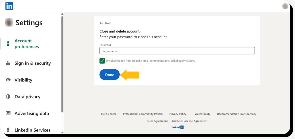 Submitting password to delete LinkedIn profile on desktop
