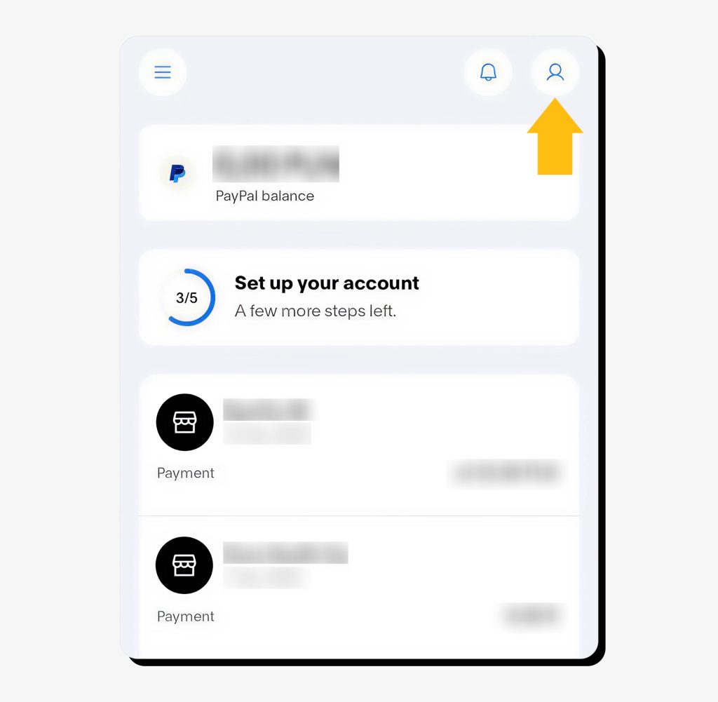 PayPal profile on mobile with profile icon pointed at