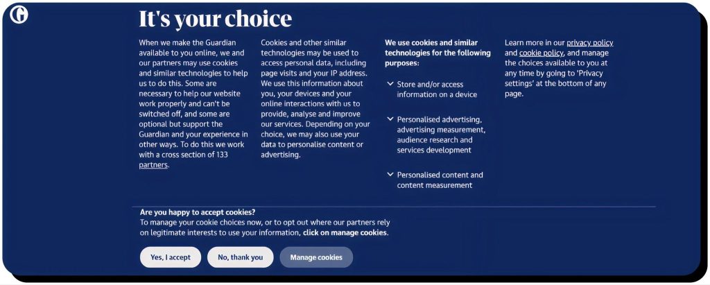 Example of cookie banners used by The Guardian, a major UK-based media outlet.