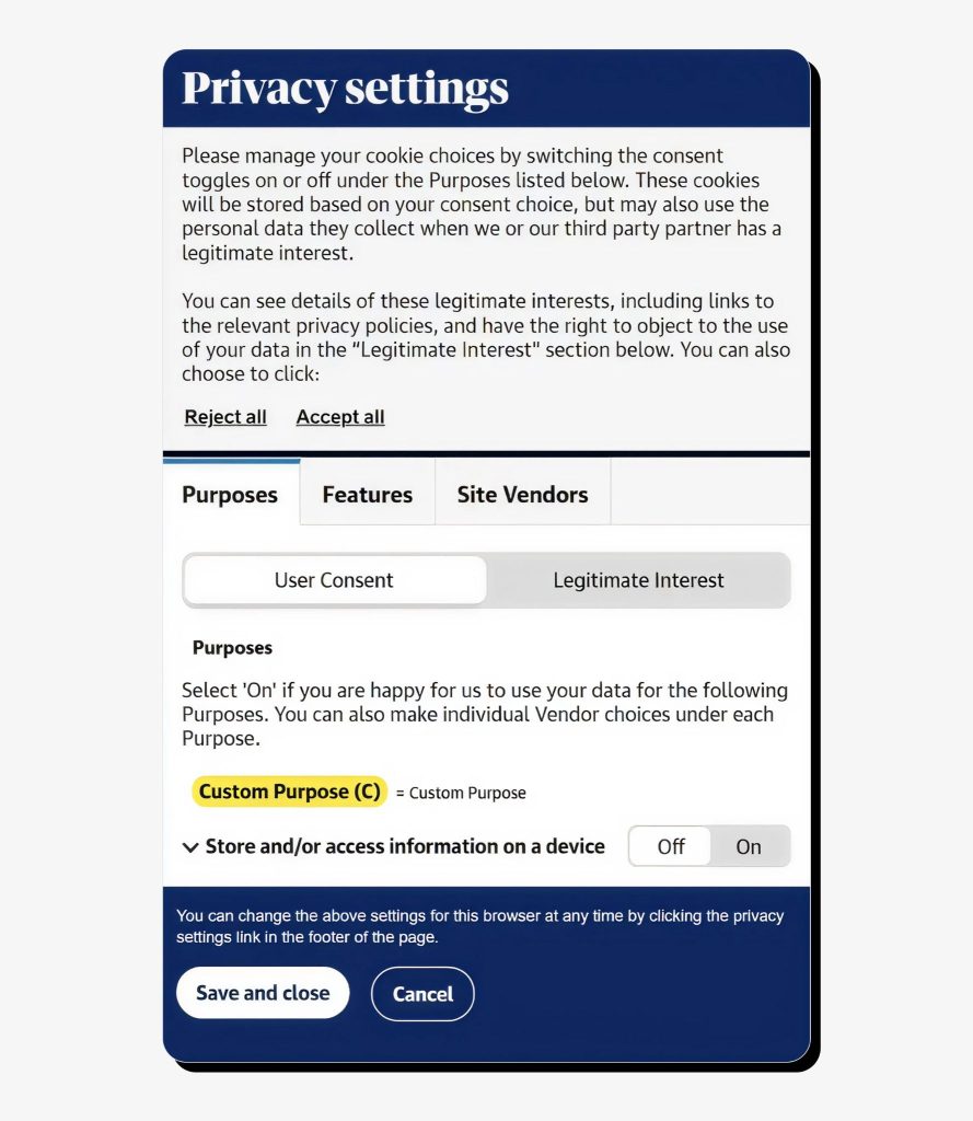 Example of cookie banners used by The Guardian, a major UK-based media outlet.