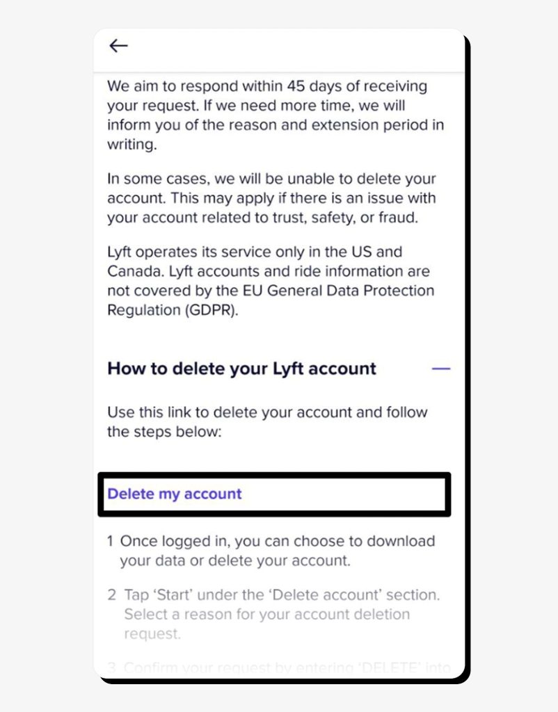 You’ll be presented with the instructions. To start the process, tap Delete my account.
