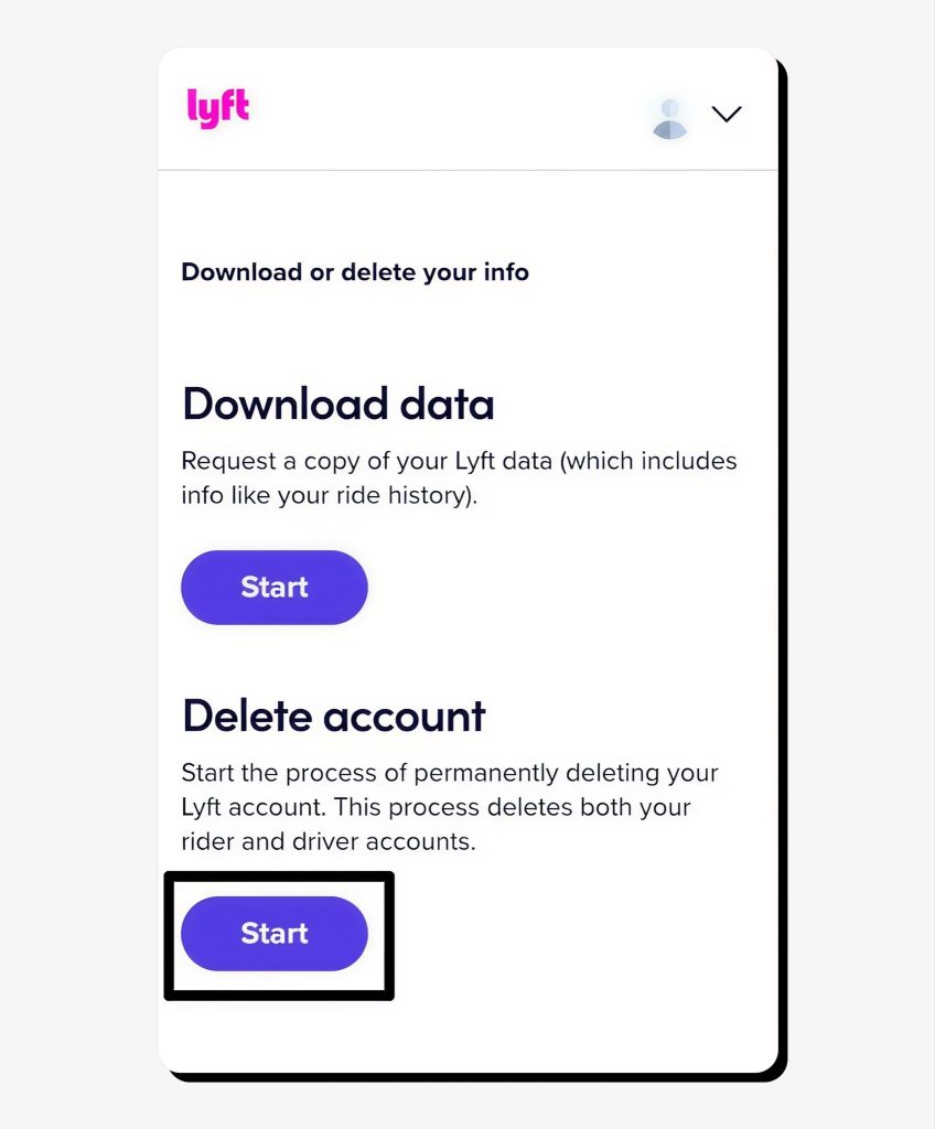 Tap the “Start” button under “Delete account.”
