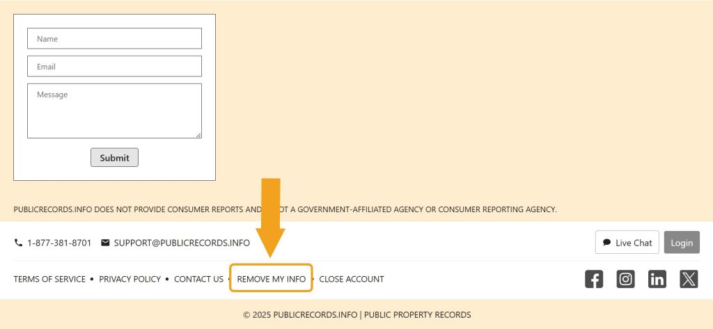 PublicRecords.info website with the "Remove my info" link highlighted in the footer