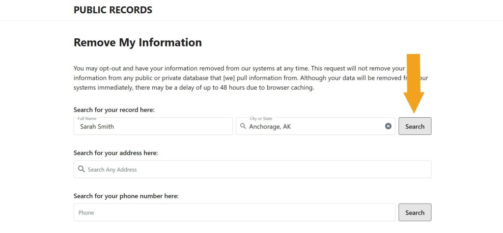 Profile lookup page to opt out of PublicRecords.info