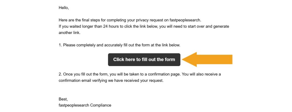 Opt-out email from FastPeopleSearch with the confirmation button pointed at