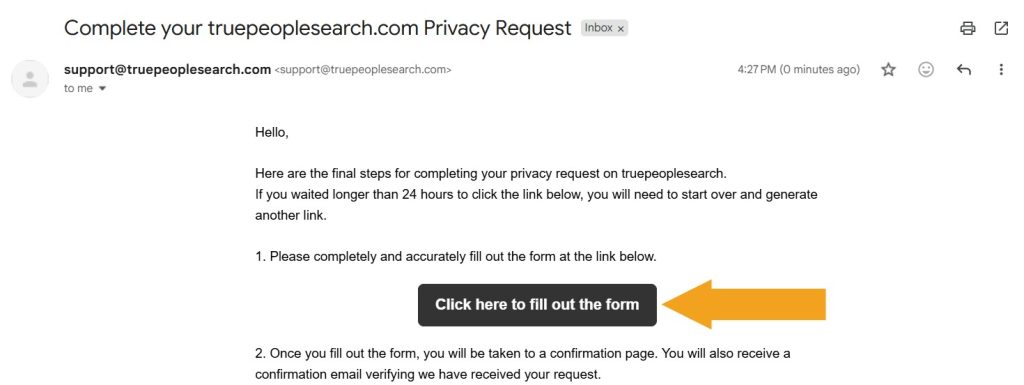 Verification email from TruePeopleSearch with the link to the opt-out form