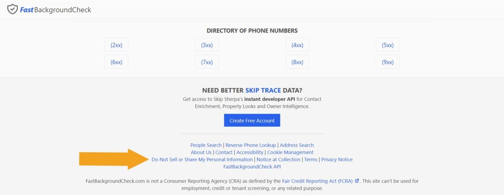 FastBackgroundCheck site footer with the "Do Not Sell My Personal Information" link pointed at