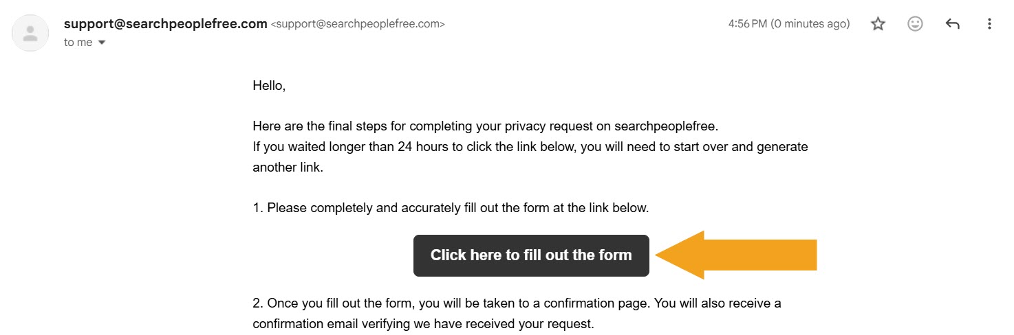 SearchPeopleFREE email validation with an arrow pointing at button link to the opt-out form