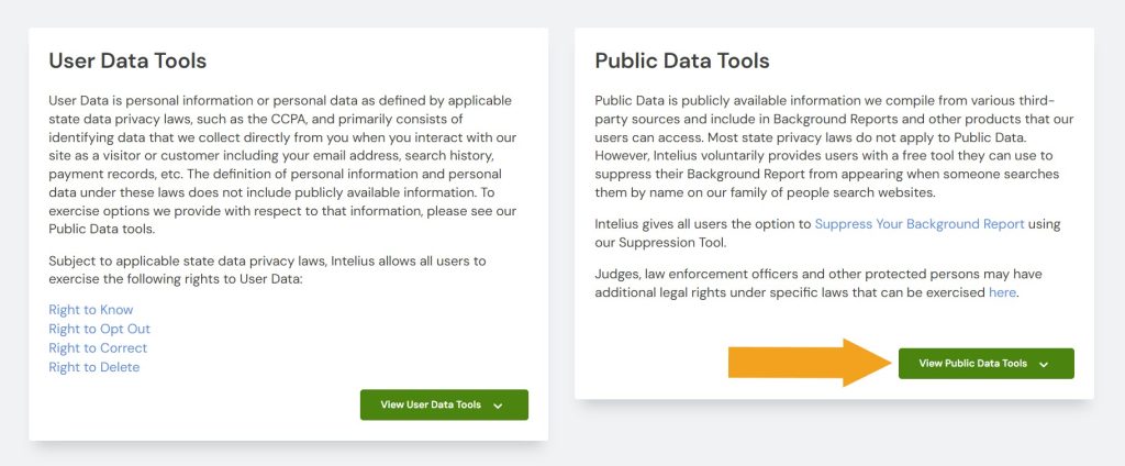Intelius’ Data Privacy Center with an arrow pointing at "View public data tools" to begin ReversePhoneLookup opt-out