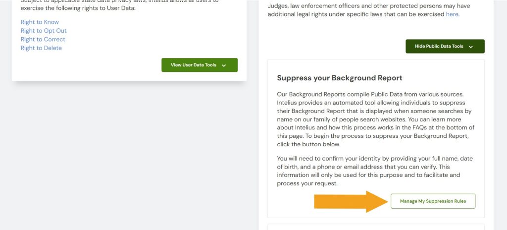 Intelius’ Data Privacy Center with an arrow pointing at "Manage my suppression rules" to begin ReversePhoneLookup opt-out