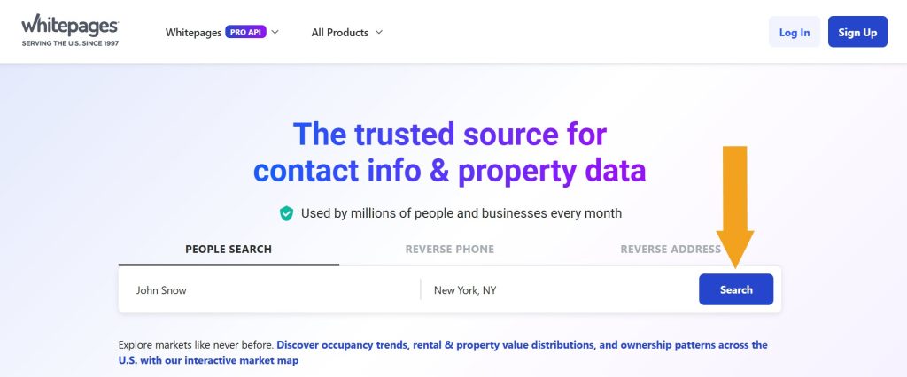 Whitepages website home page with a search for John Snow in New York, NY initiated