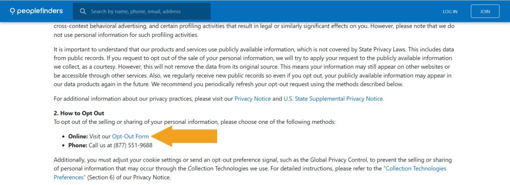 Privacy Choices page on peoplefinders.com with the "Opt-Out Form" link pointed at