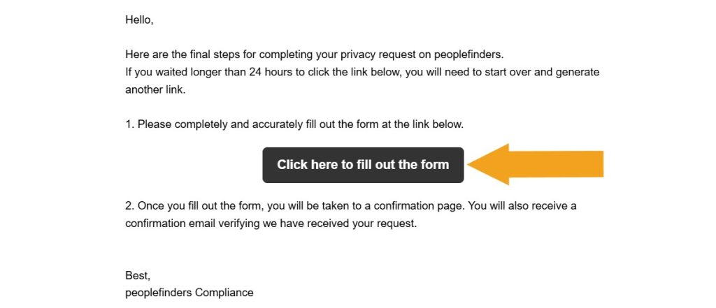 PeopleFinders email with the button to the opt-out form