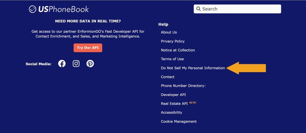 USPhonebook footer with the Do Not Sell My Personal Information link pointed at