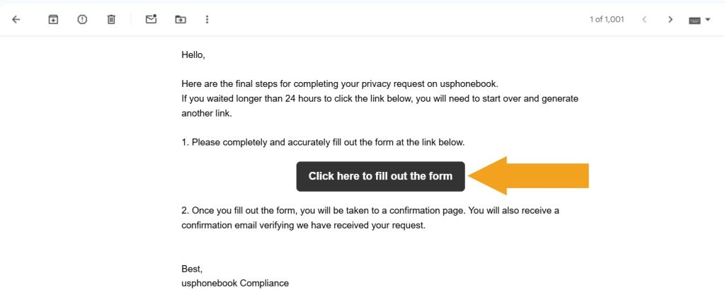 USPhonebook email with the link to the opt-out form