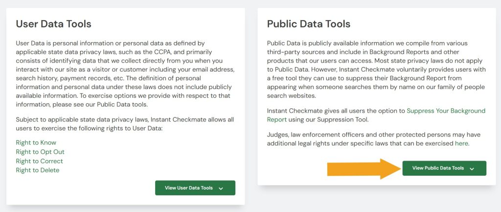 Instant Checkmate Data Privacy Center with the View Public Data Tools button pointed at