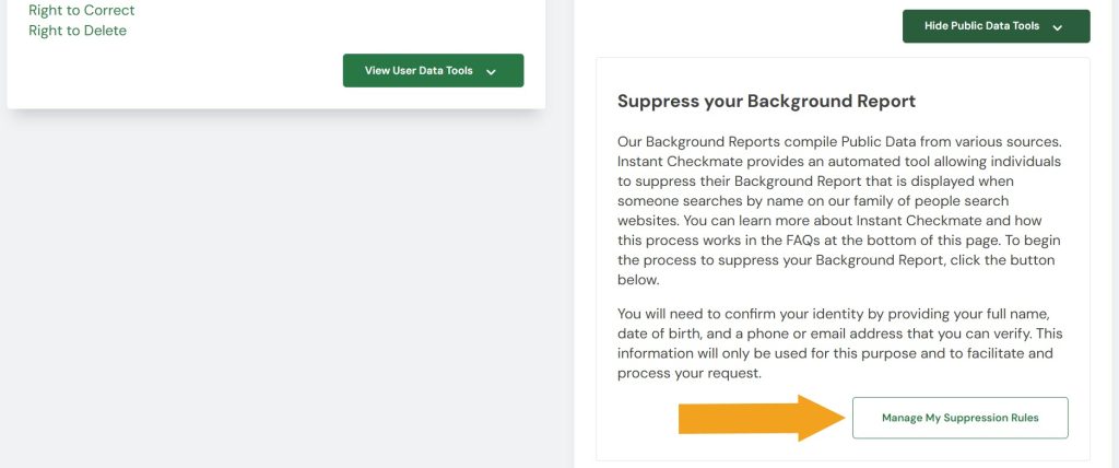 Instant Checkmate Data Privacy Center with the Manage my suppression rules option pointed at