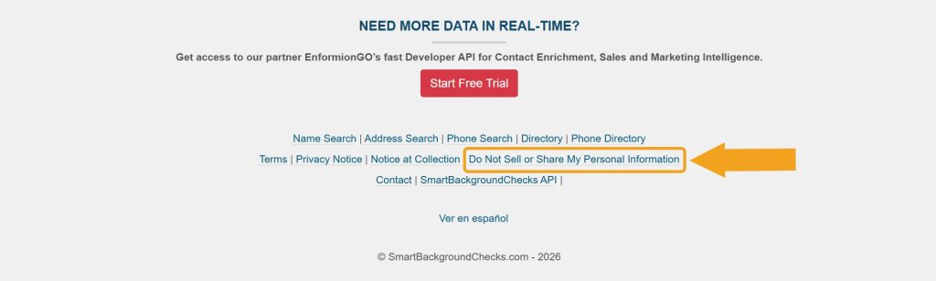 SmartBackgroundChecks.com footer with the "Do Not Sell My Personal Information" link highlighted