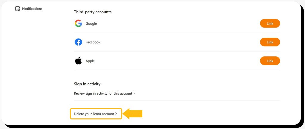 Selecting "Delete your Temu account" via settings on desktop