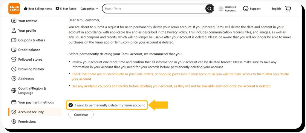 Instructions to delete Temu account on desktop