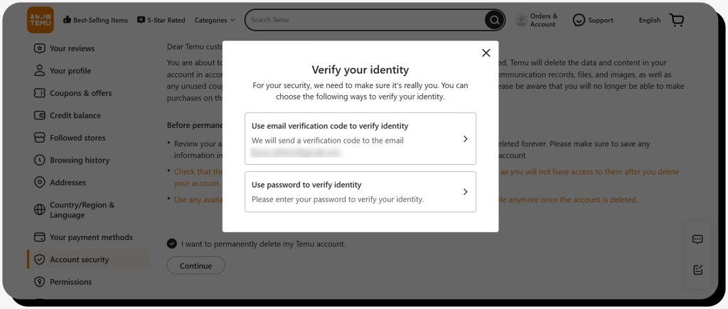 Verifying identity to delete Temu account on desktop