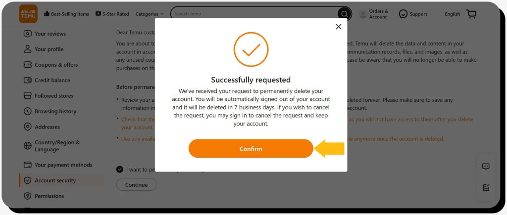 Confirming Temu account deletion on desktop