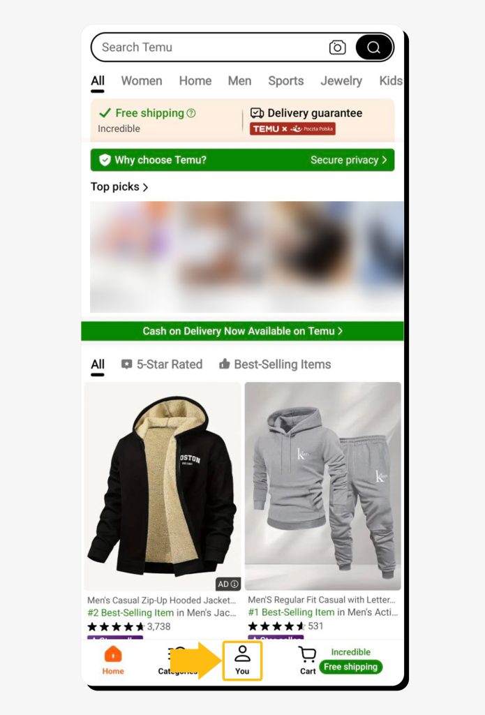 Temu app with the "You" option pointed at to start account deletion