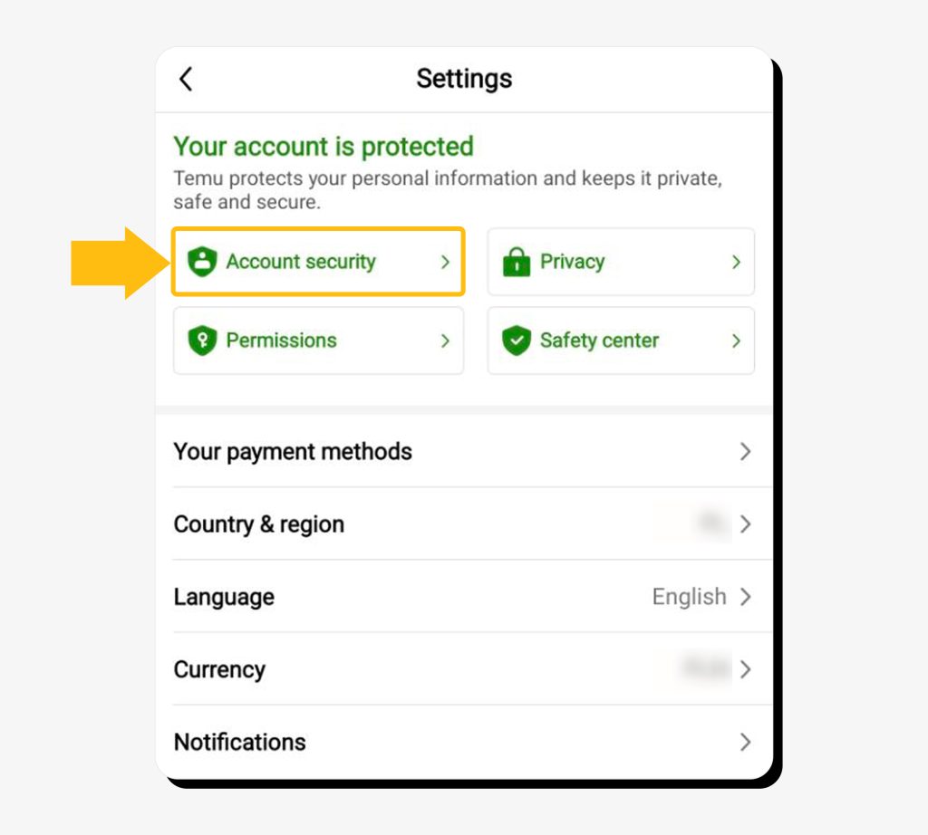 Temu app settings with the "Account security" option pointed at
