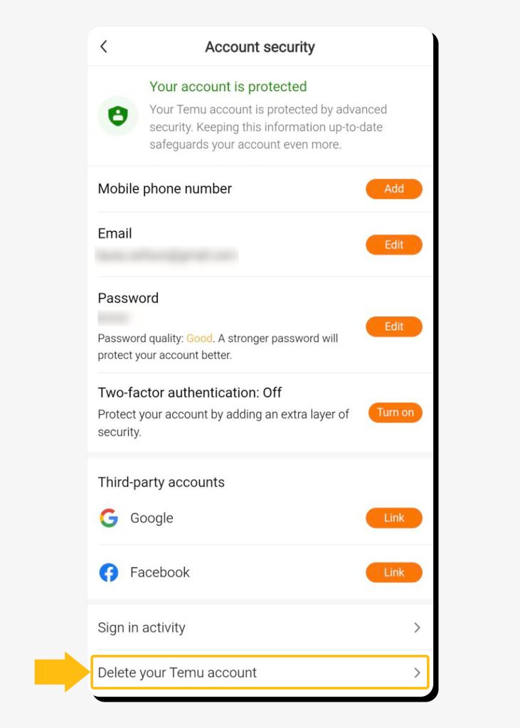 Temu app settings with "Delete your Temu account" pointed at