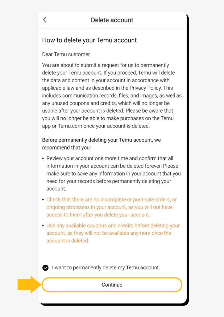 Instructions to delete the Temu account on the app