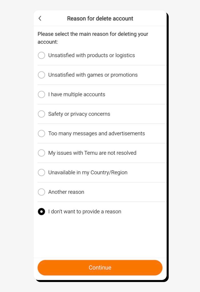 Submitting a reason for deleting the Temu account on the app