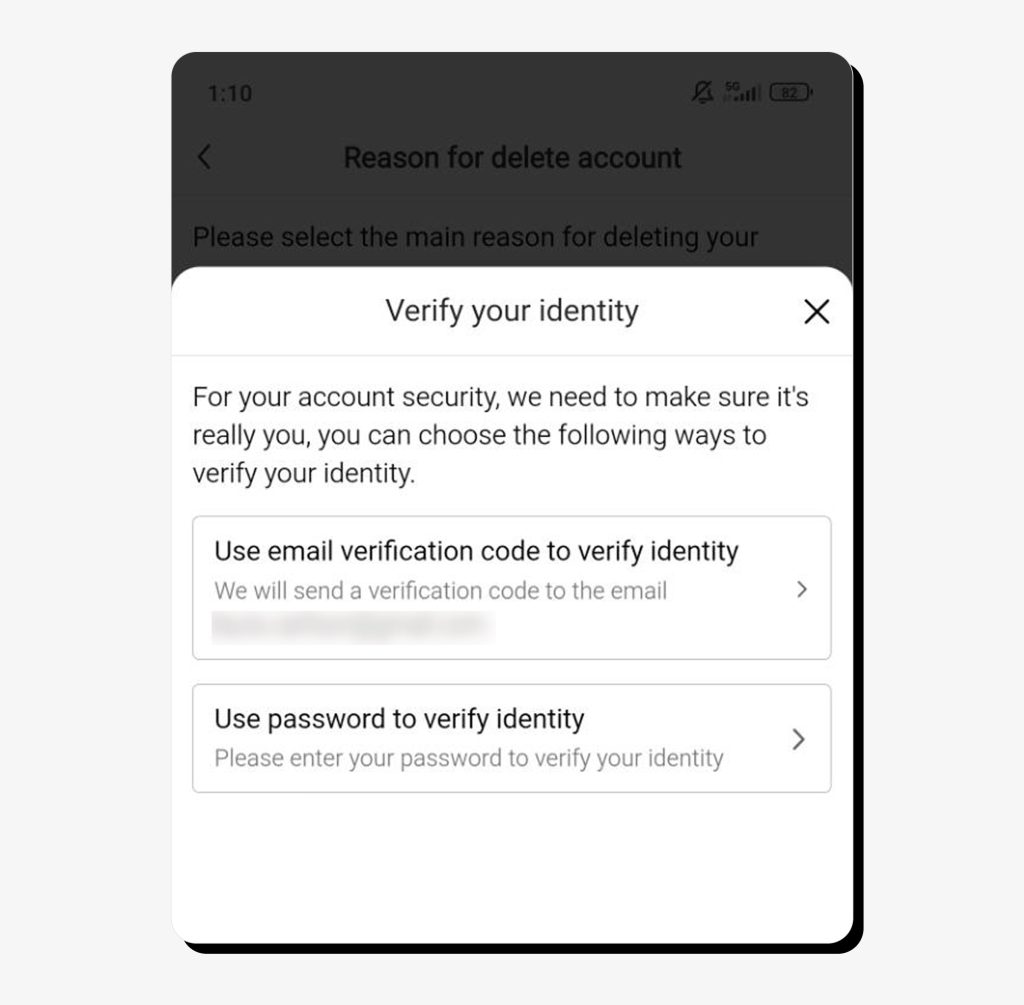 Verifying identity to delete Temu account on the app
