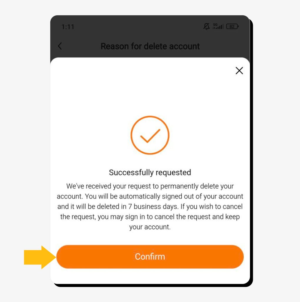 Confirming deletion of the Temu account on the app