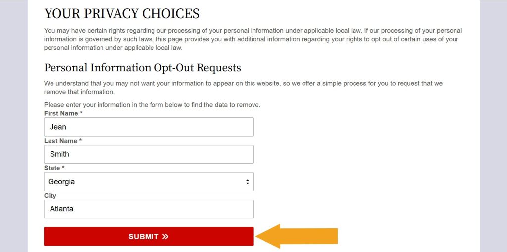 CourtRecords.us "Your privacy choices" page with the opt-out form