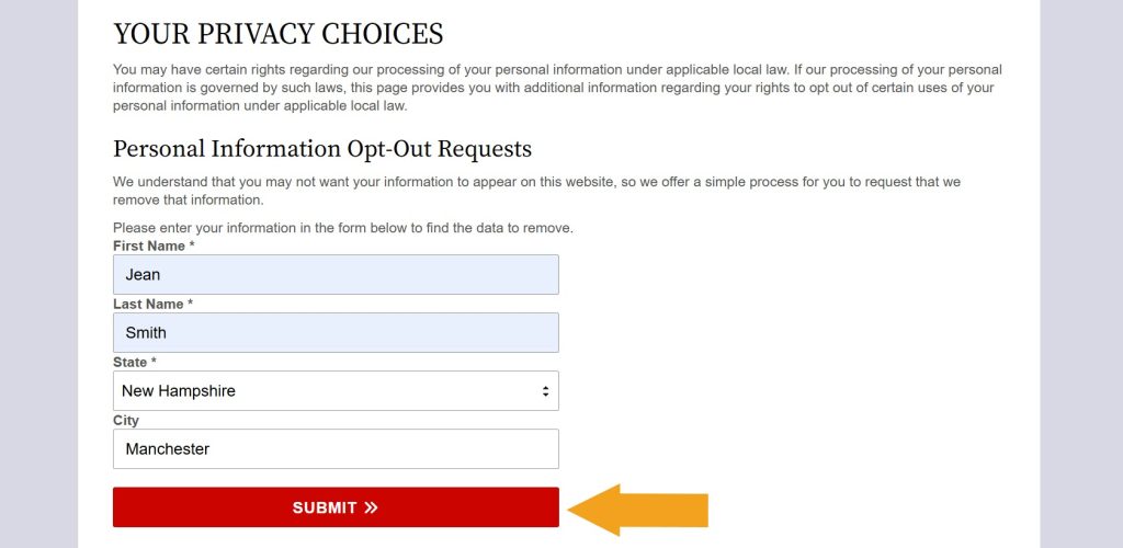 NewHampshireCourtRecords.us "Your privacy choices" page with the opt-out form completed